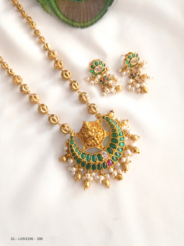 Golden Balls Alligned emerald Chanbali Long Necklace Set GL-LON1296-209