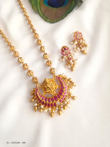 Golden Balls Alligned ruby Chanbali Long Necklace Set GL-LON1296-200