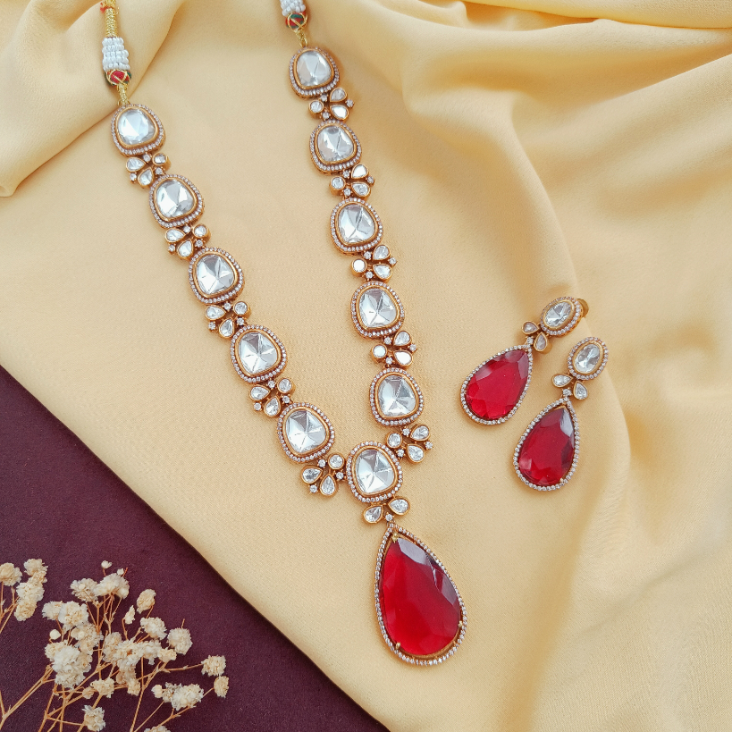 Red stone - Doublet Mossanaite stone Bridal short Necklace