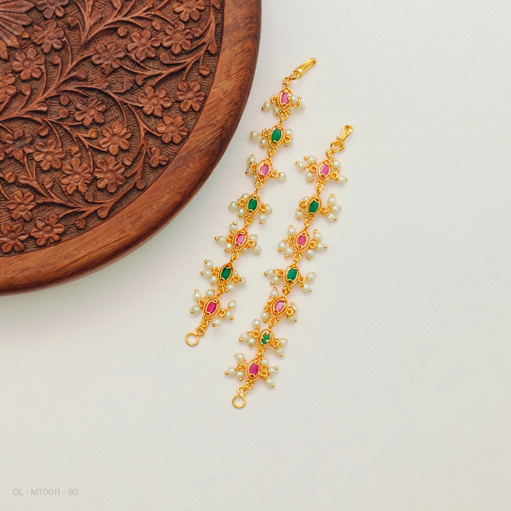 Ear Chains - gold plated Ruby Emerald drops