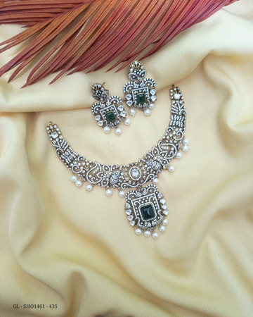 Victorian CZ stones peacock elephant design Pearl dropping Short Necklace set GL-SHO1461-435