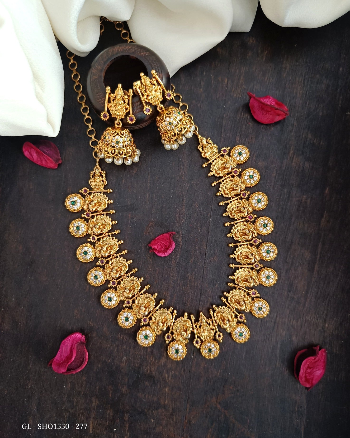 Nakshi Golden Traditional Necklace Set aligned with Peacock and Lakshmi with Jhumkis GL-SHO1550-277