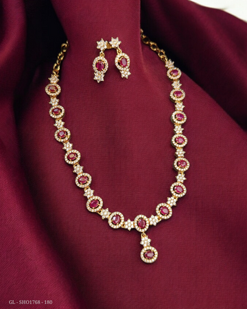 Gold Plated Necklace set - American Diamond & Ruby stone GL-SHO1768-180