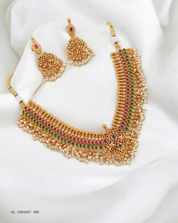 Ruby Red & Green Short Necklace Set : GL-SHO1837-490