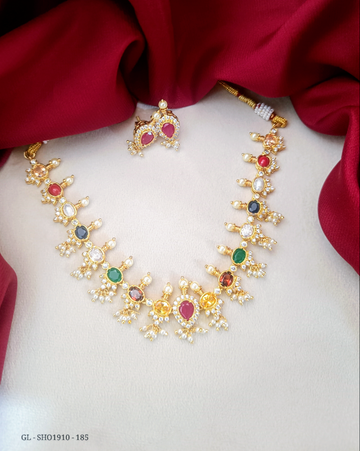 Golden Ruby stone Pearl necklace Set  GL-SHO1910-185