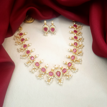 Golden Ruby stone Pearl necklace Set  GL-SHO1911-185