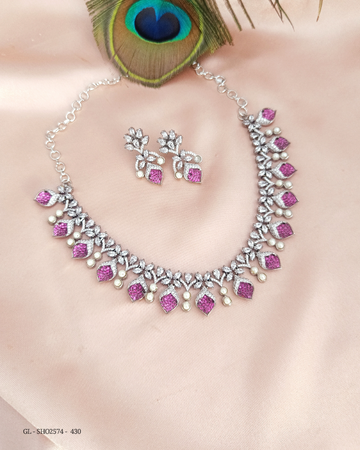 Ruby pink petal style American Diamond necklace GL-SHO2574-430