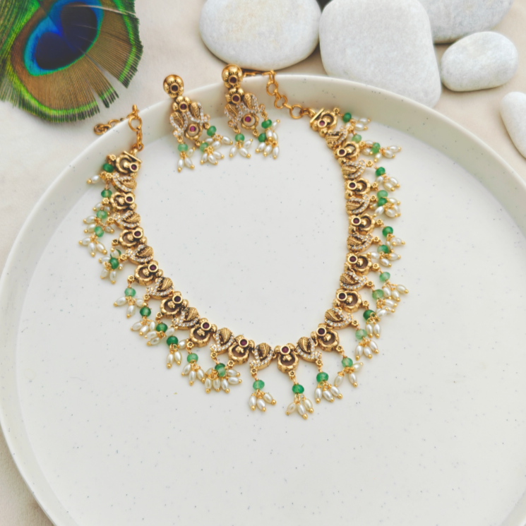 Cz Antique green bead Necklace