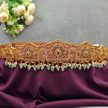 Adult hip belt-center Emerald stone -Lakshmi-sea green-pearl