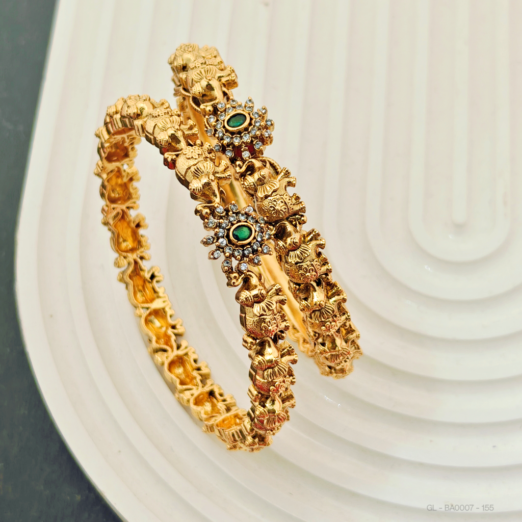 2 PC Set - Women Golden Bangles-Elephant & floral(2.10 Size)