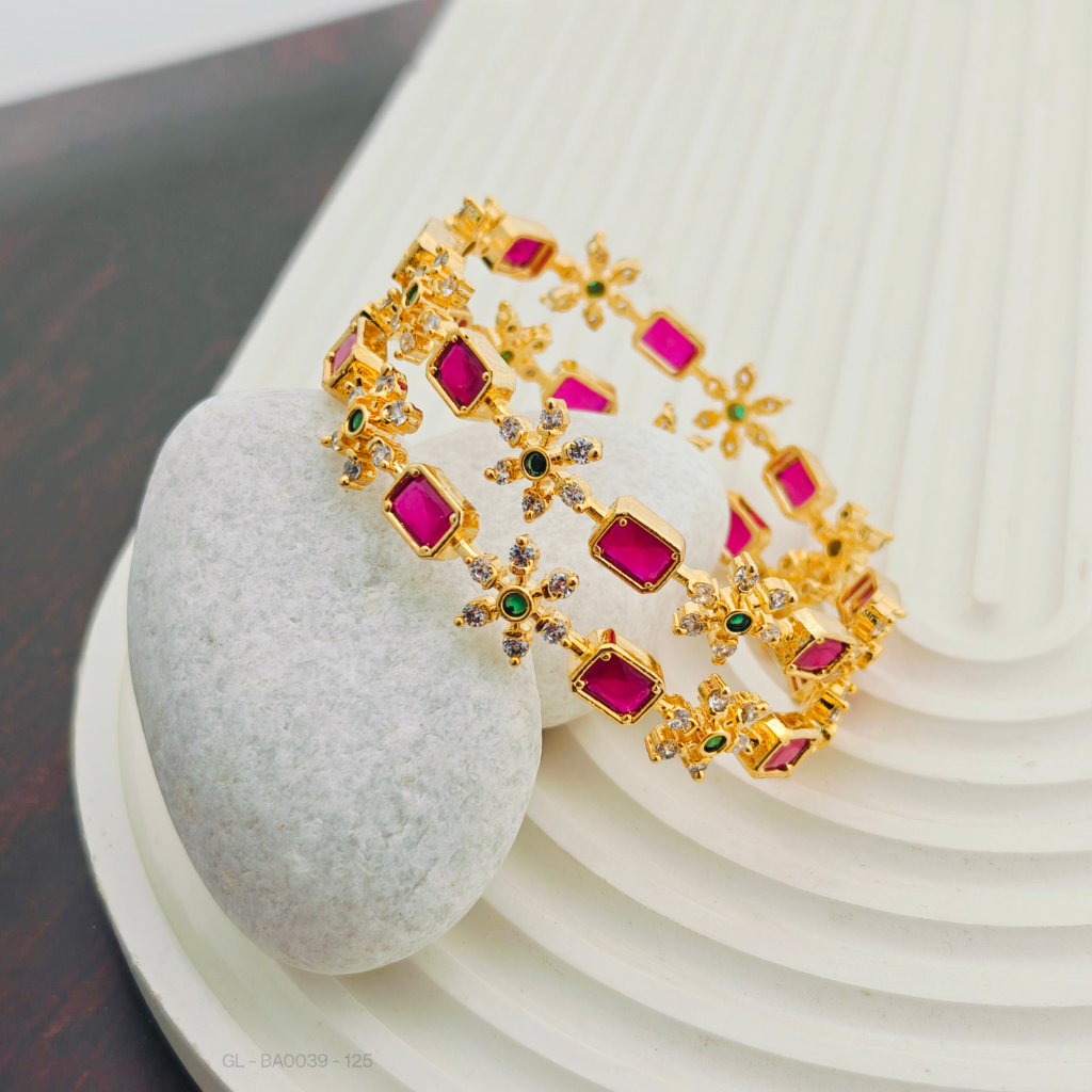 Gold finish AD Stone Ruby Bangle Set