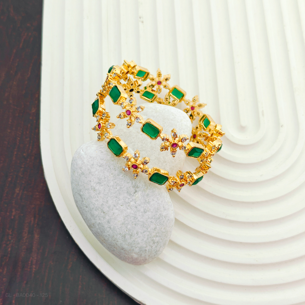 Gold finish AD Emerald Bangle Set