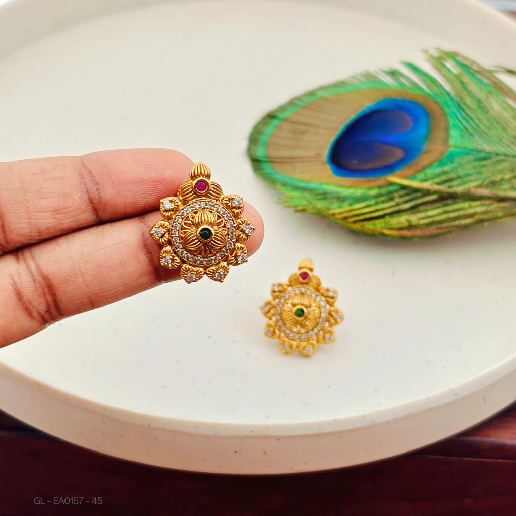 Gold plated-Ruby-Emerald-stone-petal- Studs