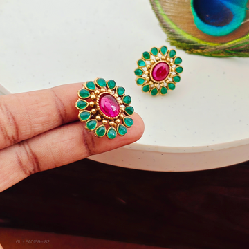 Gold plated-Ruby-Green-stone-Floral-pearl- Studs