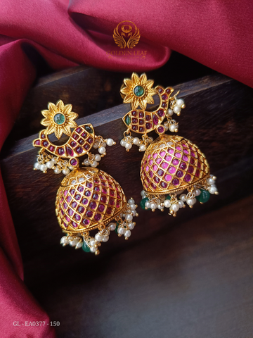 Bridal Kemp Jhumkas with green beads GL-EA0377-150