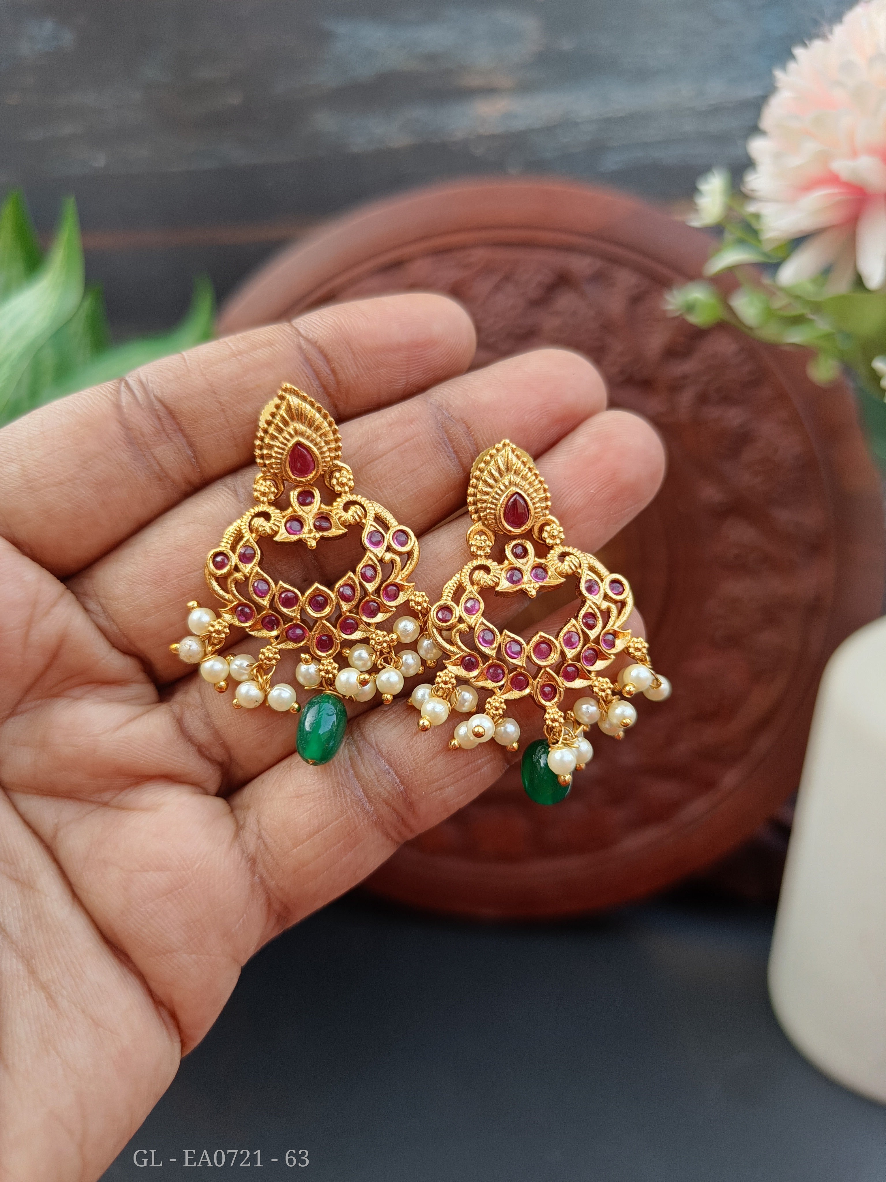 Mesmerizing Red Kemp Stone Pearls Drop Chandbalis | Traditional Antique  Gold look Drop Earrings Copper Gold plated Earrings for Women and Girls