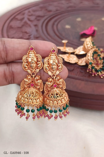 Gold finish Kemp Stones Polki beads Jhumkas GL-EA0946-108