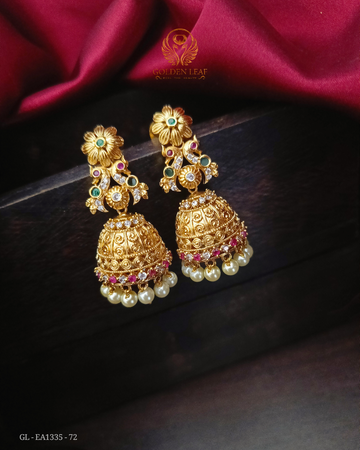 Gold Finish AD Ruby Emerald Peacock Floral Jhumkas GL-EA1335-72