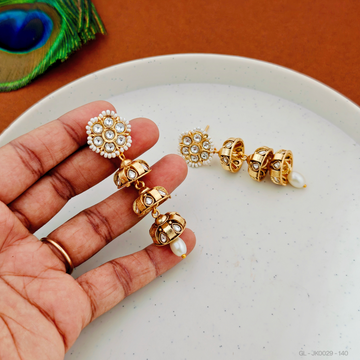 Golden Finish-Emerald-white-Red-stone- 3 layered -Jhumkas