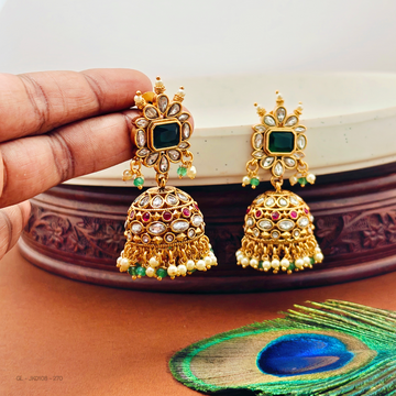 Gold finish-Emerald-stone-Bridal-Jhumkas
