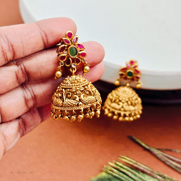 Gold finish-Emerald-pink-Stone-peacock-design-jhumkas