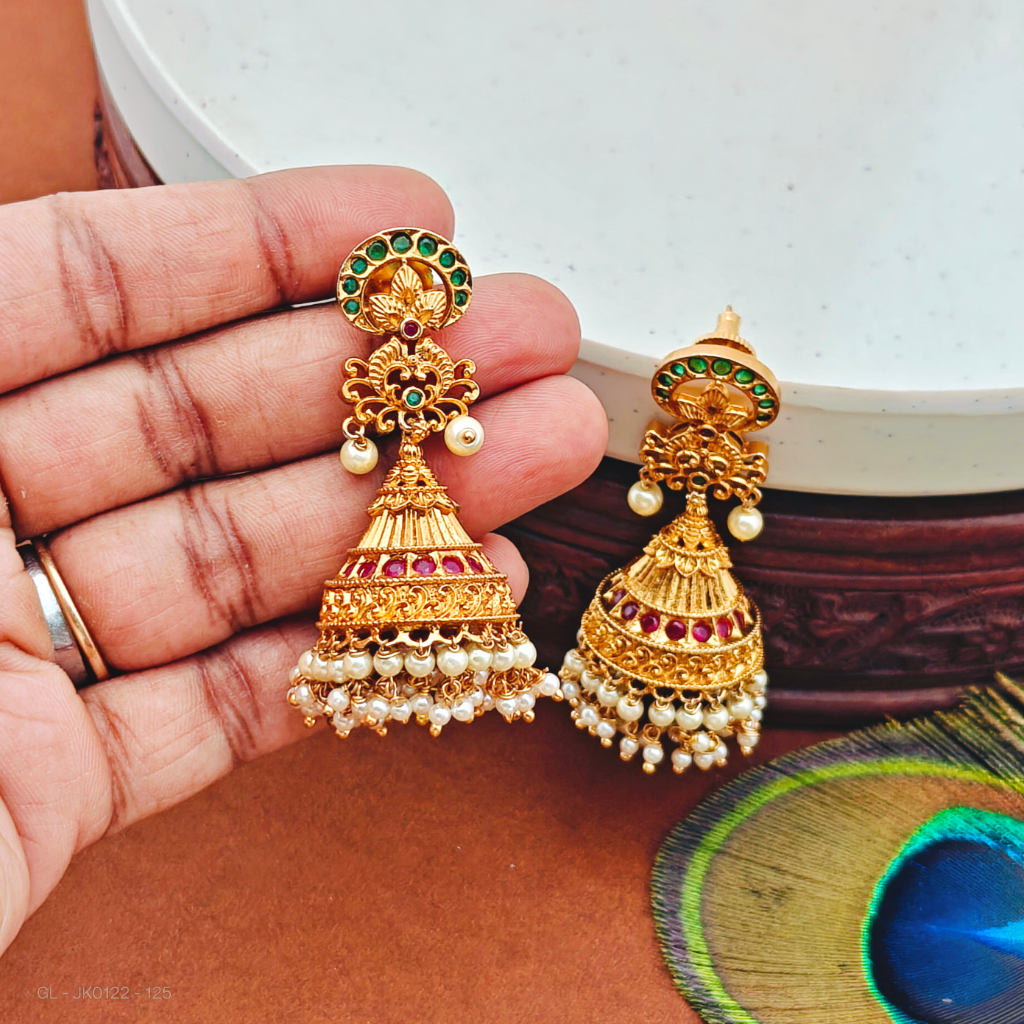 Gold finish-Emerald-Ruby-Stone-peatel-design-pearl-jhumkas