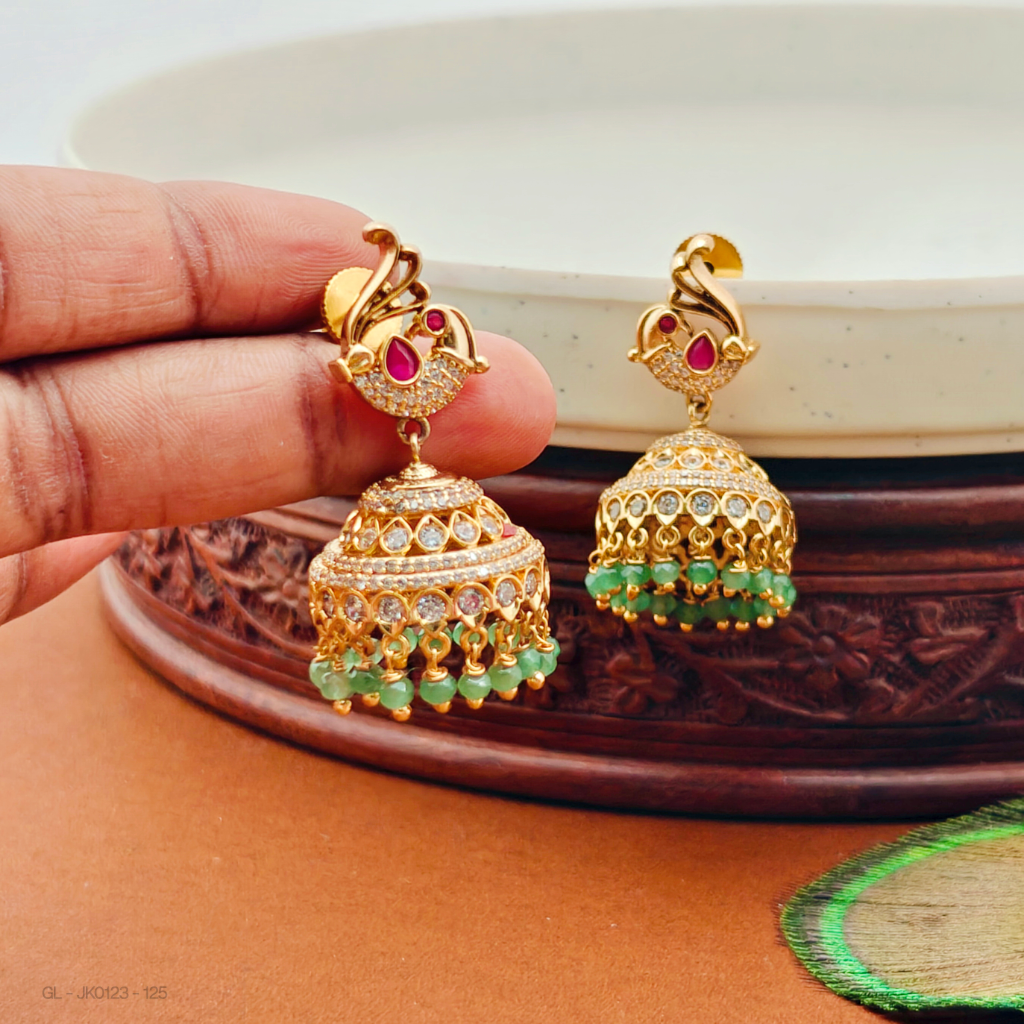 Gold finish-Ruby-Stone-Green-bead-jhumkas