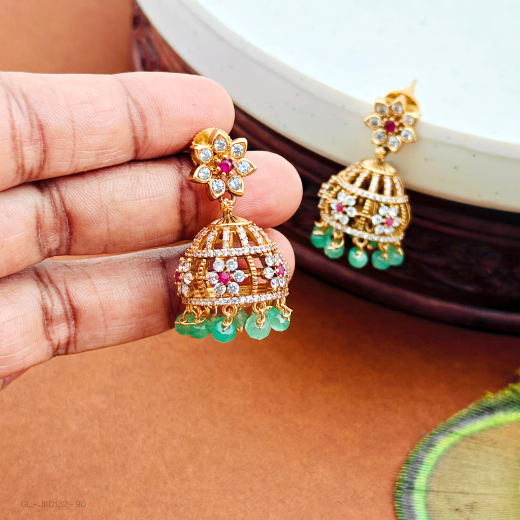 Gold finish-Ruby-Stone-floral design-green beads-jhumkas