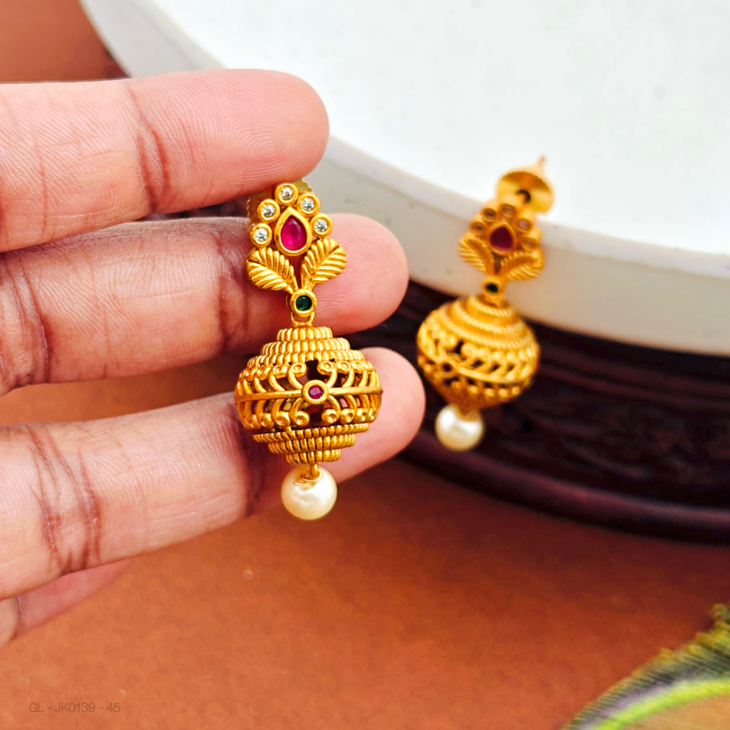 Gold finish-Ruby stone -floral design- pearl-jhumkas