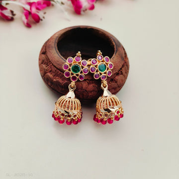 1 gram gold screw back ruby beaded  Jhumkas - Design 9