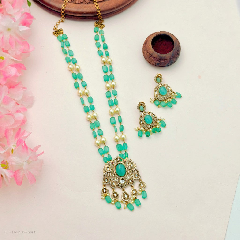 Traditional Kundan necklace set with green beads and pearl accentspendant