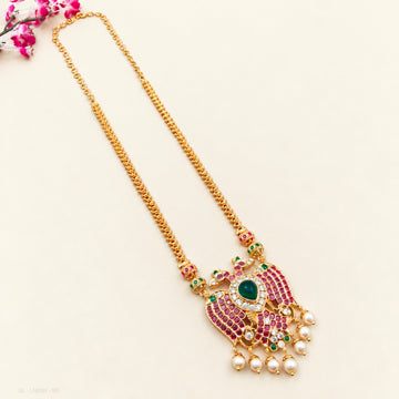Gold plated Ruby Emerald Temple Peacock Long Necklace