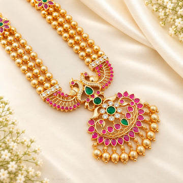Gold Plated Ruby Emerald gold pearl Long Haram - Design 3