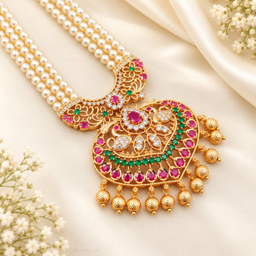 Gold Plated Ruby Emerald pearl Long Haram - Design 4