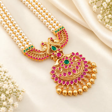Gold Plated Ruby Emerald Pearl Long Haram - Design 1