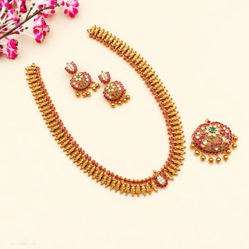 Gold Plated Ruby Emerald Long Necklace Haram set