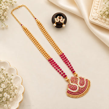 Gold Plated Ruby gold Pearl Long Haram - Design 5