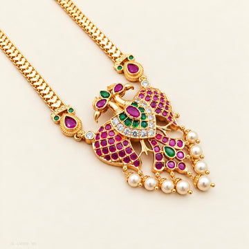 Gold plated Ruby Emerald Peacock Pendant Long Haram