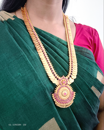 Coin Necklace - Kasu Malai Traditional Necklace - Ruby GL - LON2509 - 250