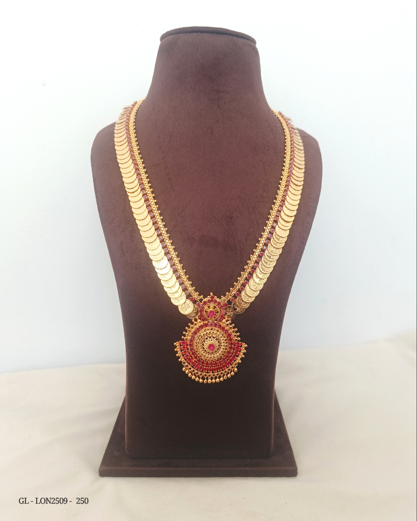 Coin Necklace - Kasu Malai Traditional Necklace - Ruby GL - LON2509 - 250