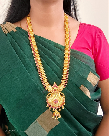 Long Haaram - Golden Traditional Necklace - Ruby GL - LON2511 - 250