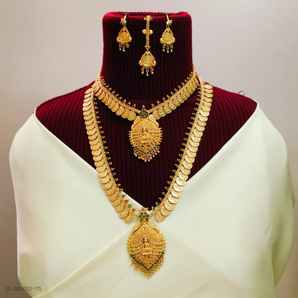 Premium Lakshmi kasu mala-Ruby Emerald stones Combo Set