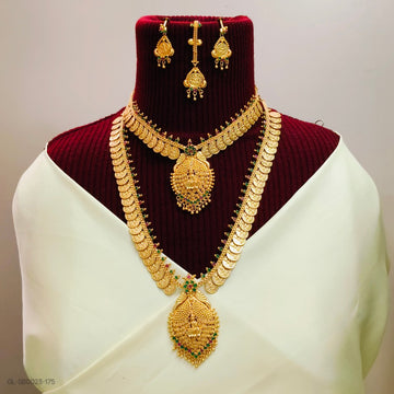 Premium Lakshmi kasu mala-Ruby Emerald stones Combo Set