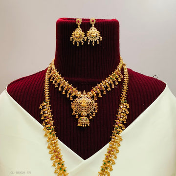 Premium Lakshmi peacock design-Ruby Emerald stones Combo Set