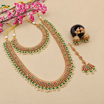 Multicolor Kemp Stone Pearl Bridal Necklace Set