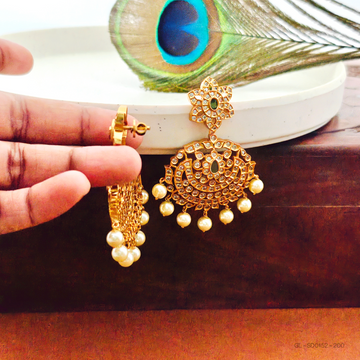 Gold plated-Emerald-stone-Floral-pearl- Studs