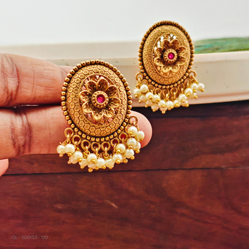 Gold plated-Ruby-stone-Floral-pearl- Studs