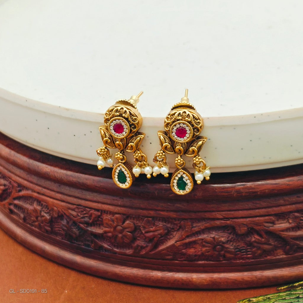 Gold plated Ruby and Emerald stone Floral Stud