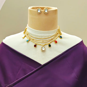 Jadau Kundan Layered Navaratna stone necklace