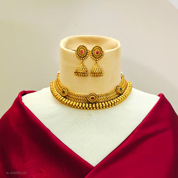 Gold finish Ruby Emerald stone choker necklace Set